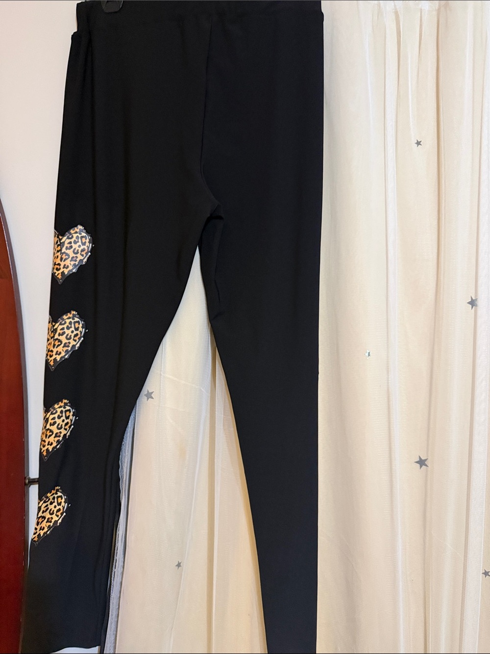 Black Leggings with Leopard Heart Appliqués